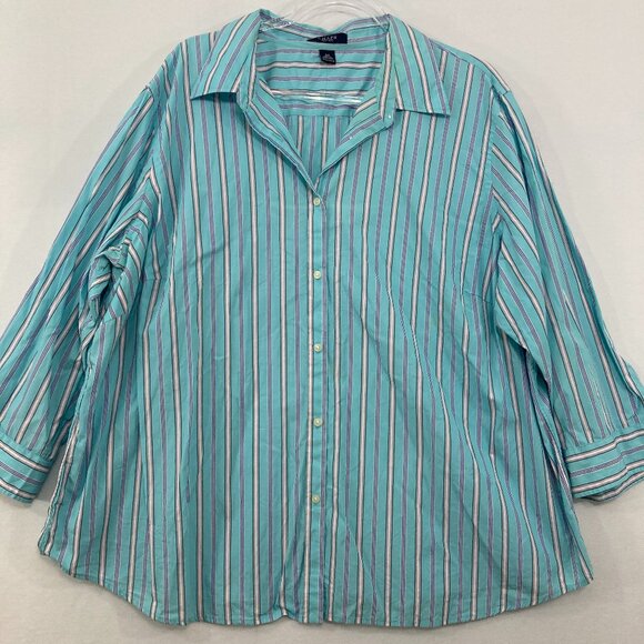 Chaps size 3X Blue White Striped Cotton Relaxed 3/4 Sleeve Button Up Office - Picture 1 of 11